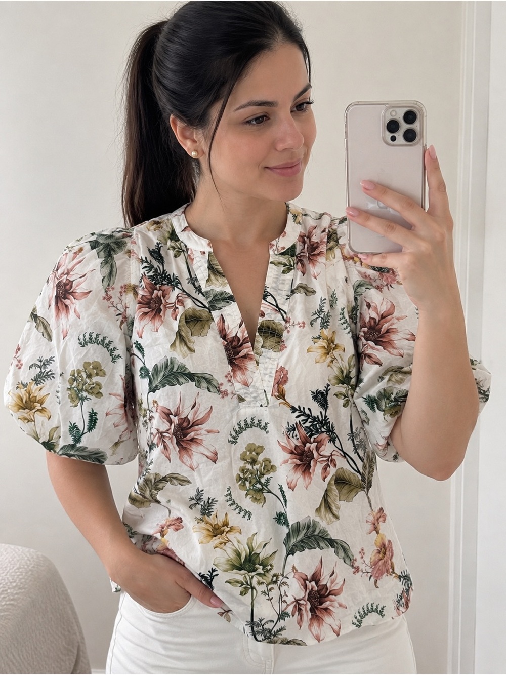 Floral Puff Sleeve Cotton Blouse Anthropologie XS